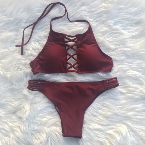 • NEW Maroon Criss Cross Bikini Set • - Picture 2 of 4