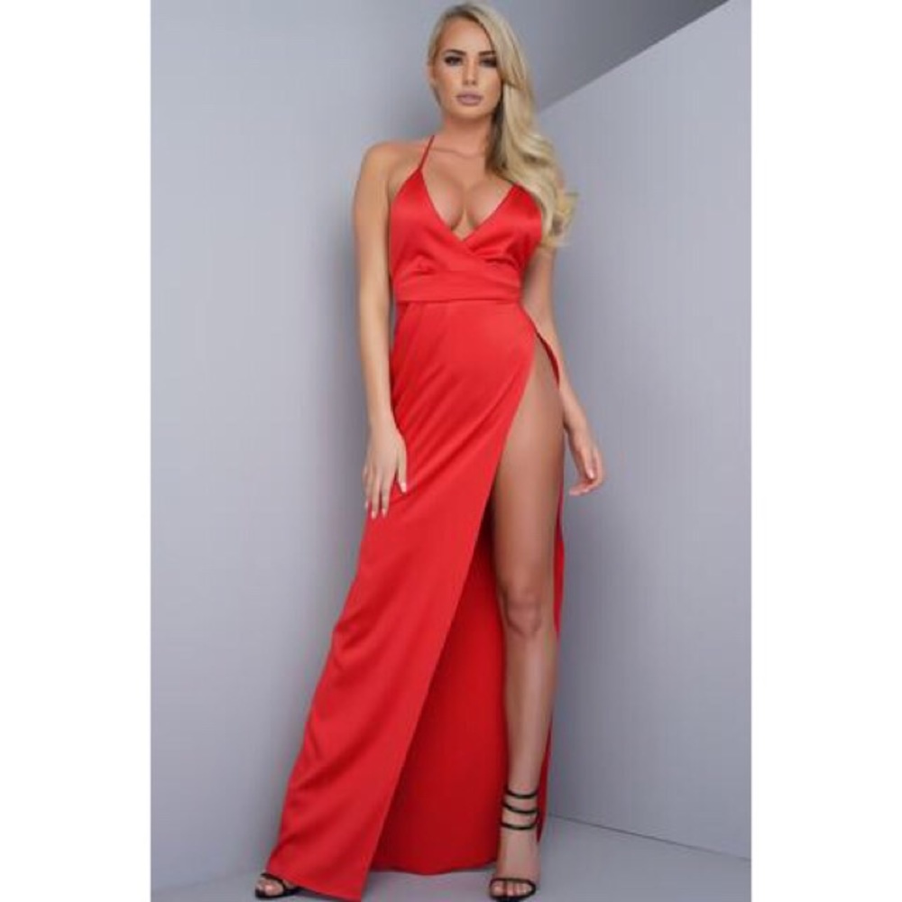 Want my look Isabella dress red thigh slit halter
