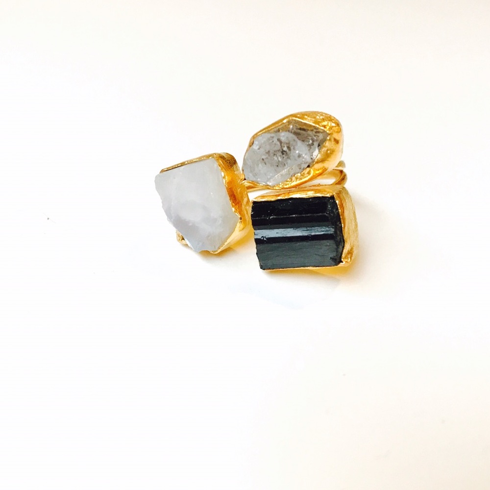 Rainbow Moonstone Crystal, Black Tourmaline, Herkimer Diamond 24K Gold Ring