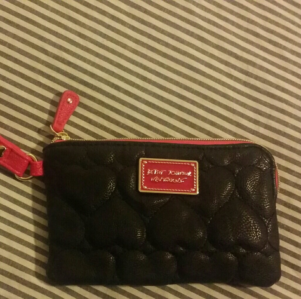 Betsey Johnson pink and black wristlet with gold