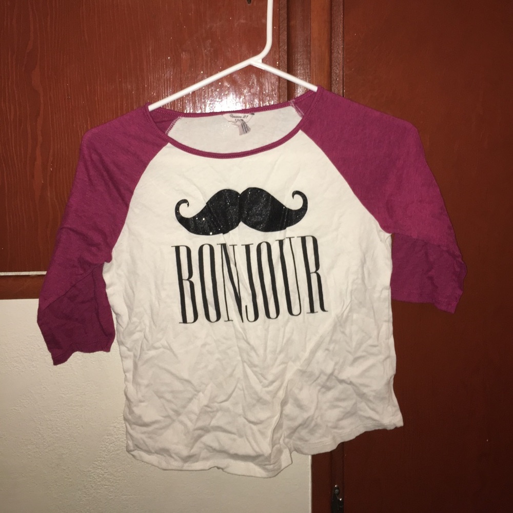 "bonjour" mustache quarter sleeve crop top