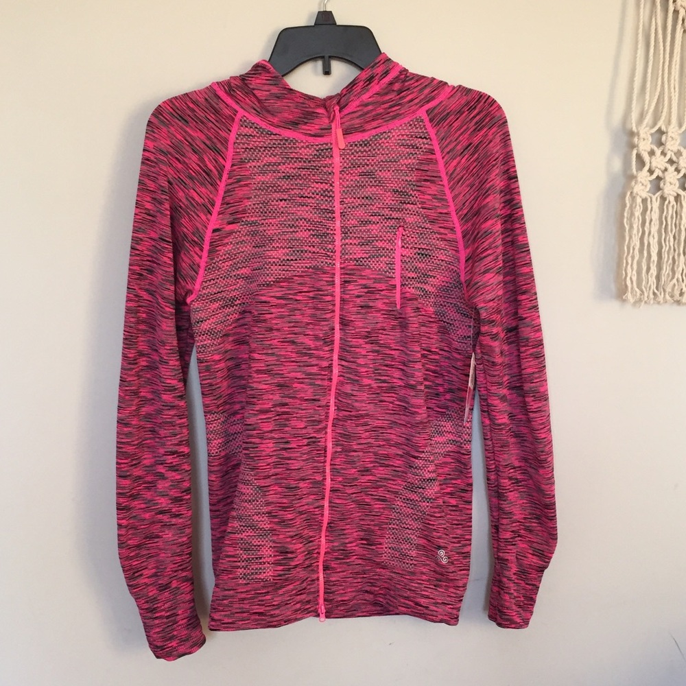 Hot pink, hooded, tunic-length running jacket. Med