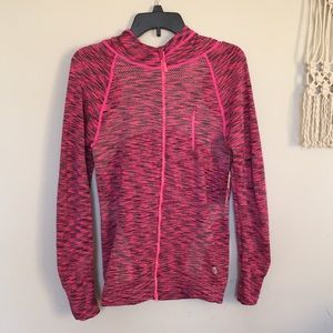Hot pink, hooded, tunic-length running jacket. Med