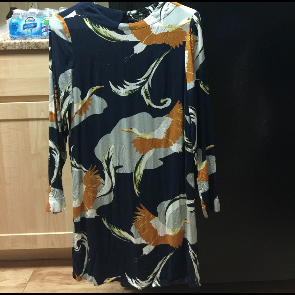 H&M crane print long sleeve dress US 4