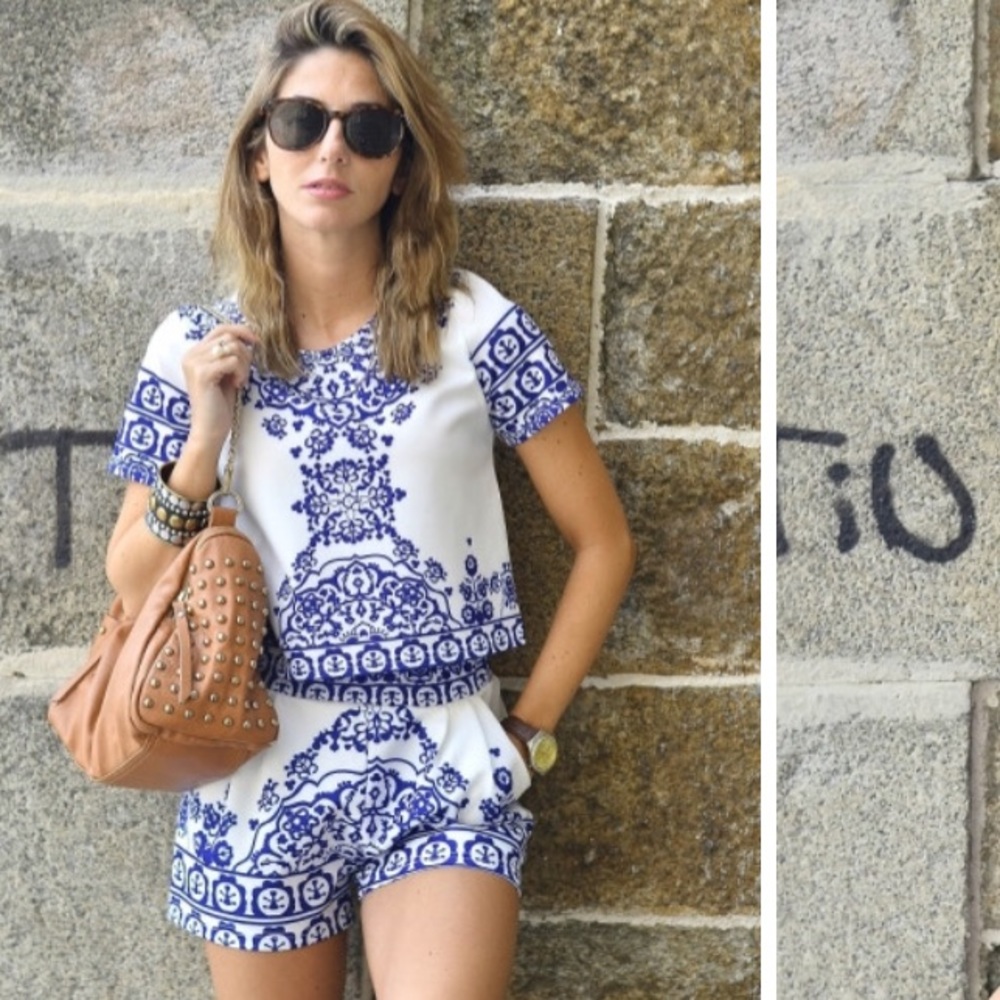 Blue and white two-piece