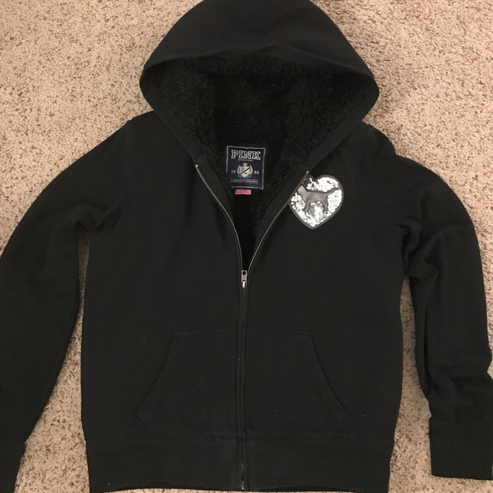 Black, sequin, Fur, insulated, PINK Hoodie Medium