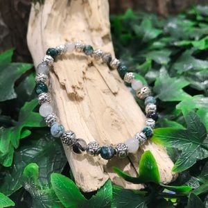 Green Faceted Fire Agate Larvikite Stone Bracelet