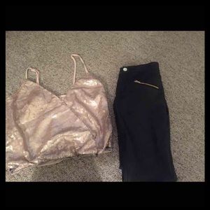 Leather pants and sequin champagne pink crop top