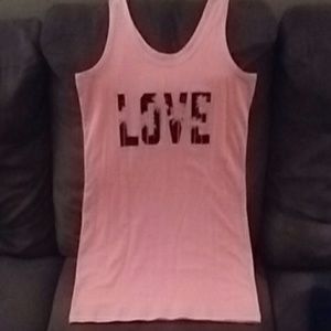 Pink tank top with LOVE and palm tree design