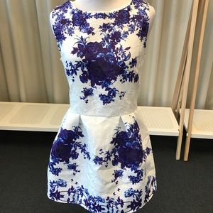 Blue and white floral brocade dress