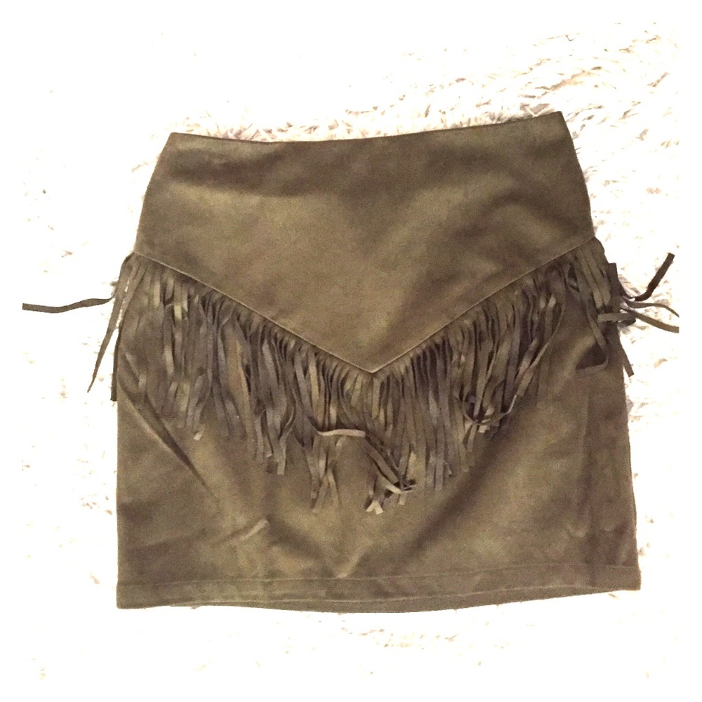 Olive fringed suede mini skirt in size S