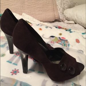 Brown Suede Peep-Toe Pumps