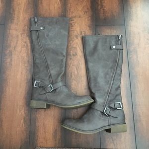 Grayish brown knee high boots
