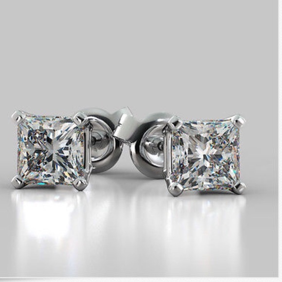 LAST PAIR💎4.0Ct Princess 14K White Gold Stud - Picture 2 of 3
