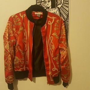 Red Gold Tassel Pattern Bomber Jacket