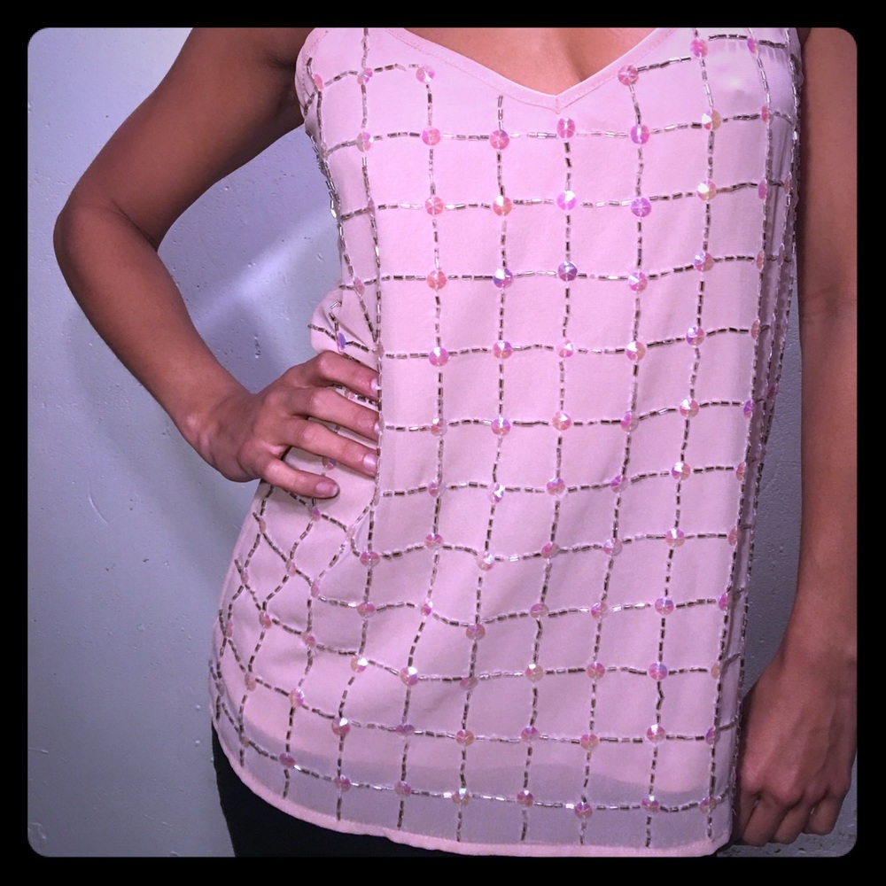 Light Pink Chiffon Tank Blouse w Patterned Sequins