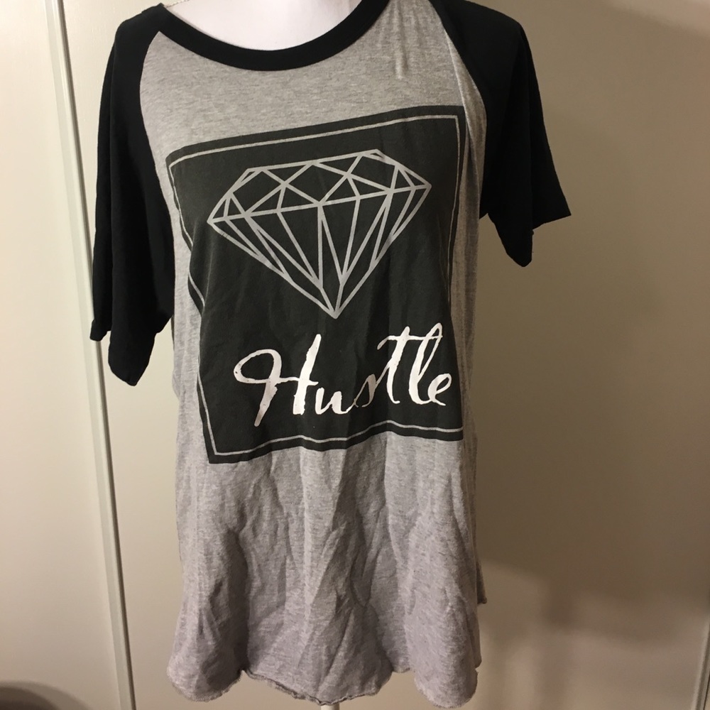 Distressed hustle baseball tee