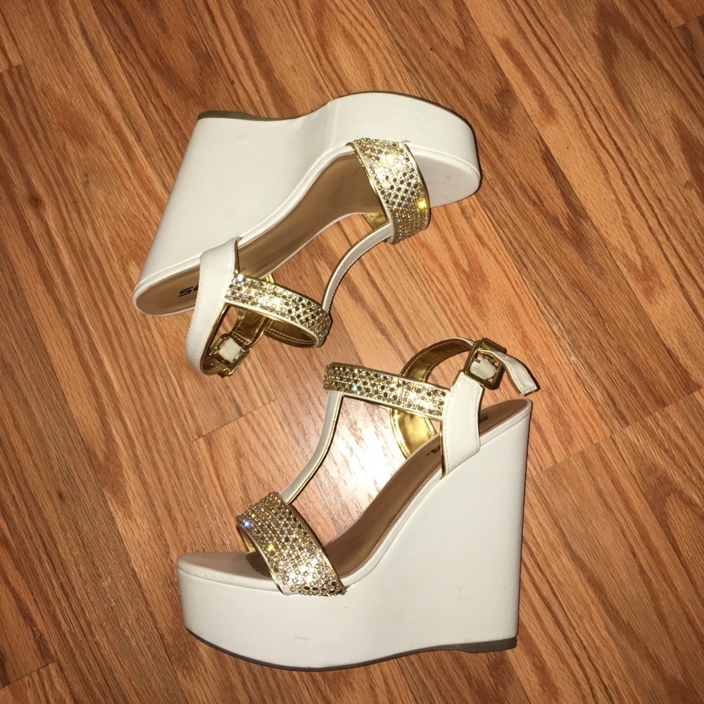 White & Gold jeweled wedges