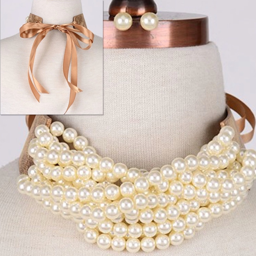 PEARL RIBBON TIE CHOKER & EARRINGS - Picture 1 of 4