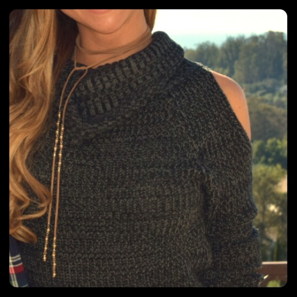 Charcoal grey cold shoulder cowl sweater