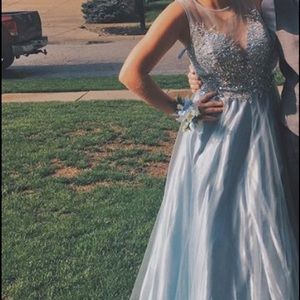 Elegant blue sequined ball gown prom dress