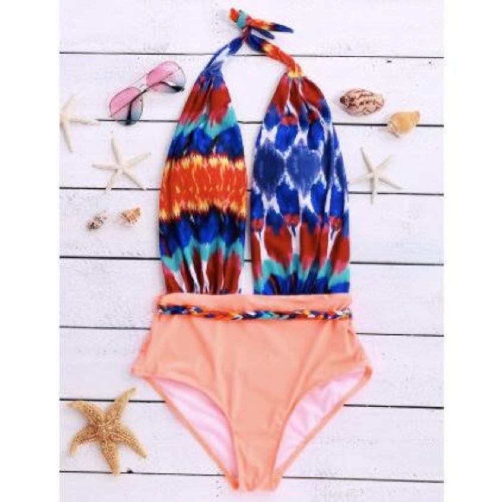 Spliced Print Plunging Halter One-Piece Swimsuit