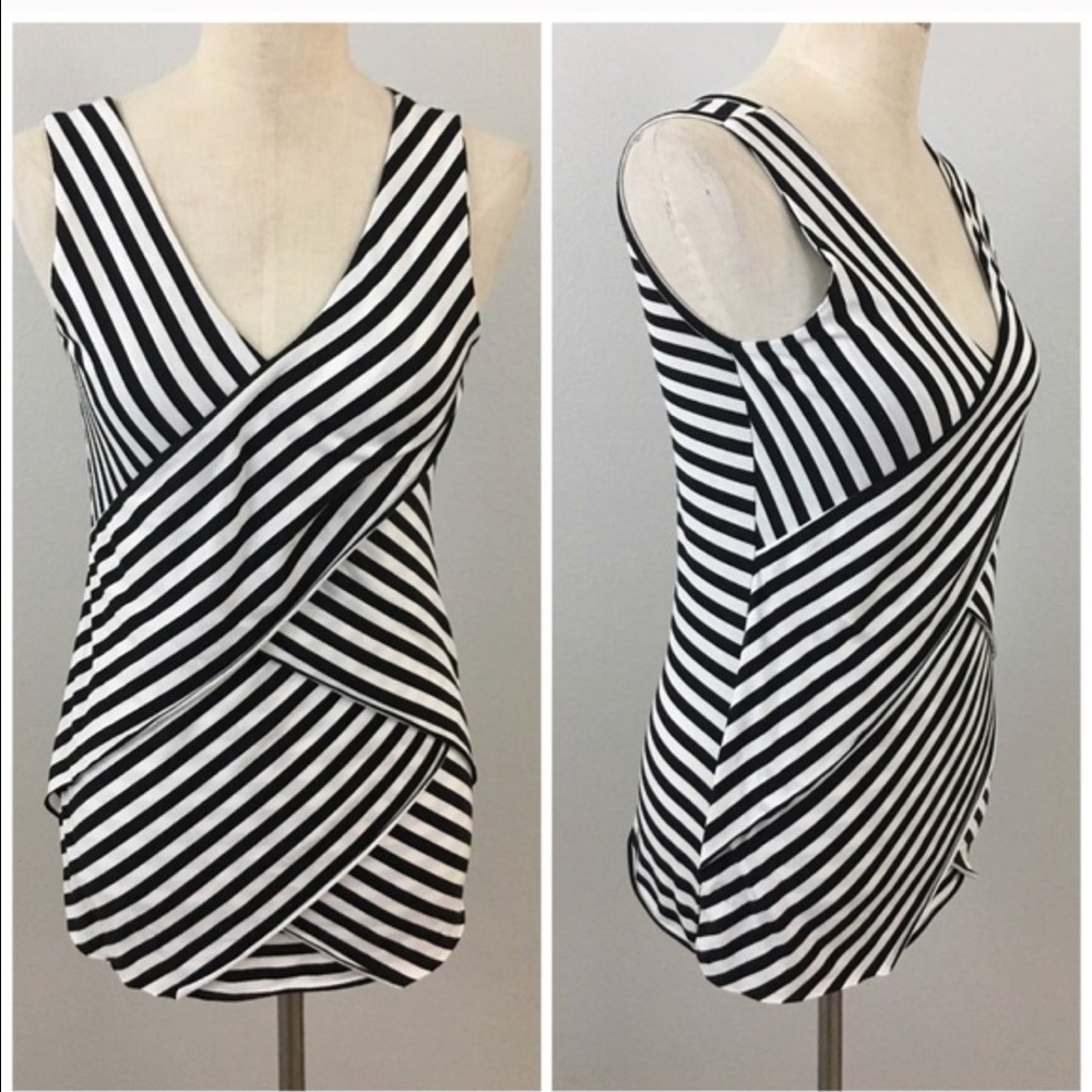 Verve Black white stripe V neck stretch blouse
