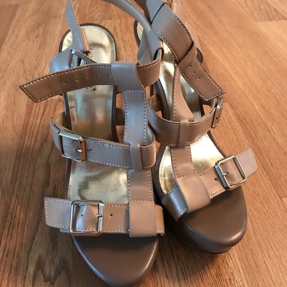 Beige strappy high heel sandals