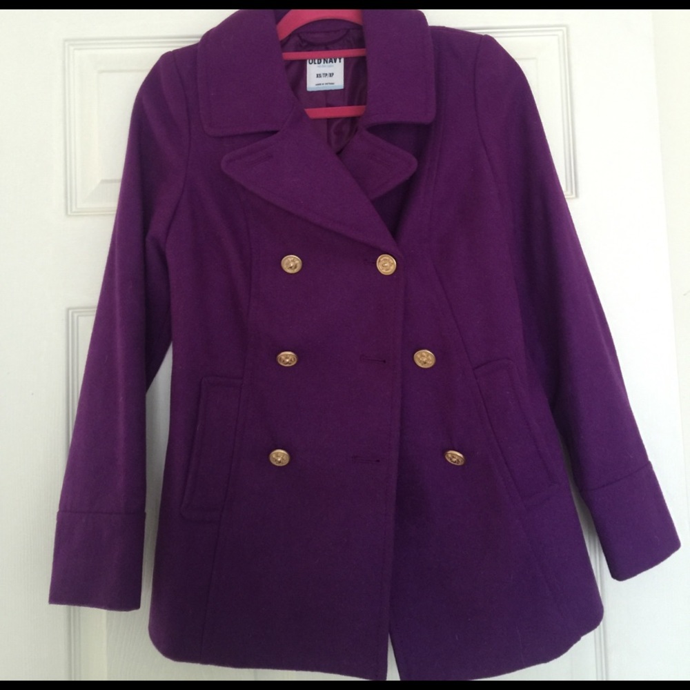 Purple double breasted pea coat with gold buttons