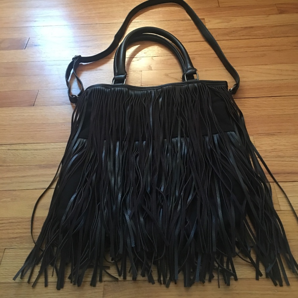 Black canvas bag with leather fringe