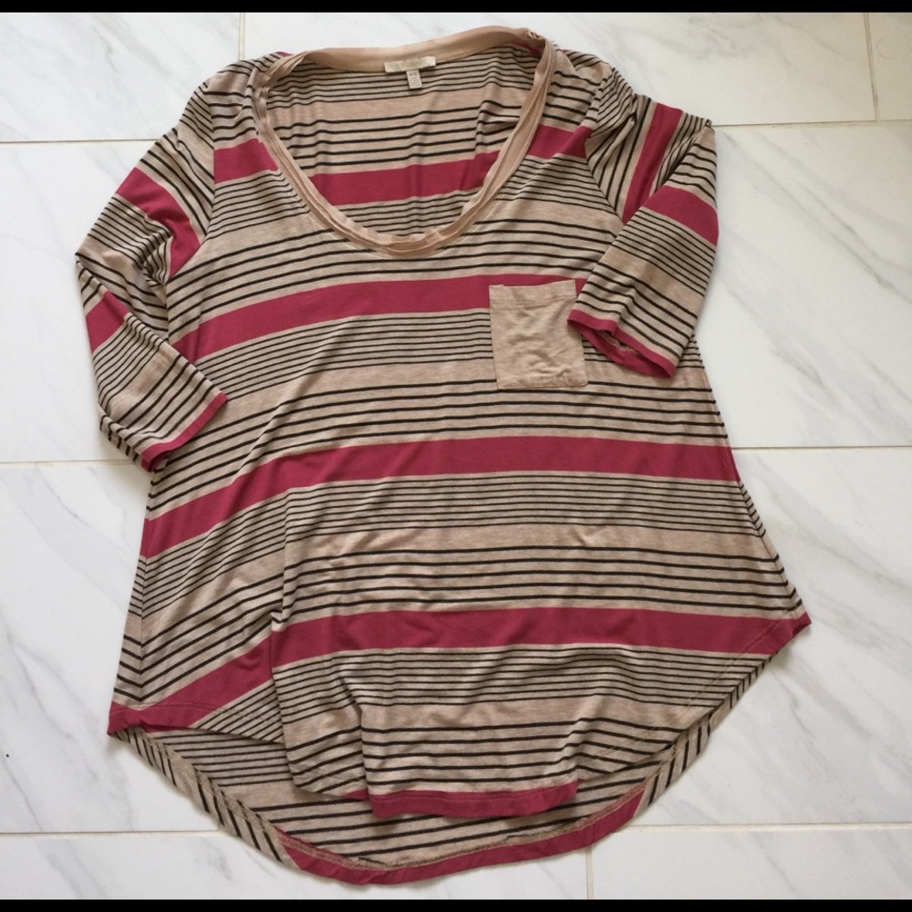 Anthropologie High Low Striped Top - Tan, Maroon M