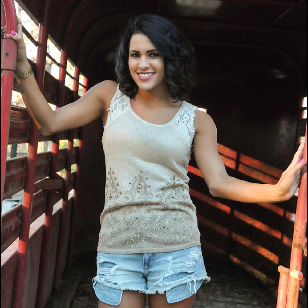 Miss Me Ivory Tan Gold Beaded Tank w Lace Straps🗝 - Picture 2 of 4