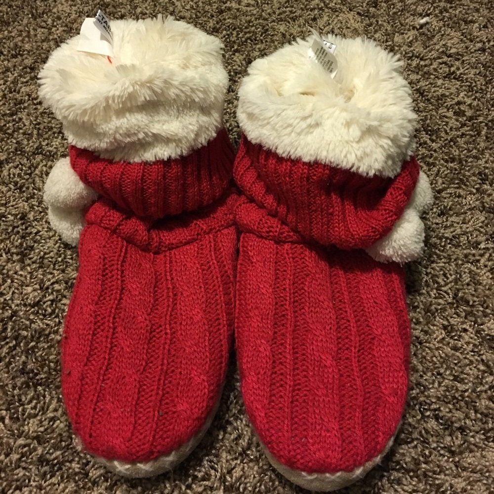 Red knit fuzzy Pom Pom house slipper boots