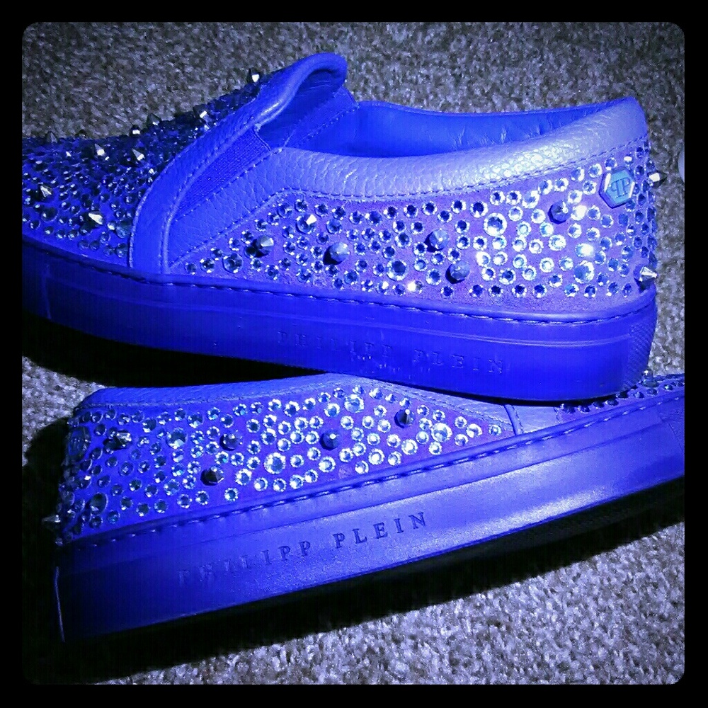 Philipp Plein Blue studded rhinestone slip ons