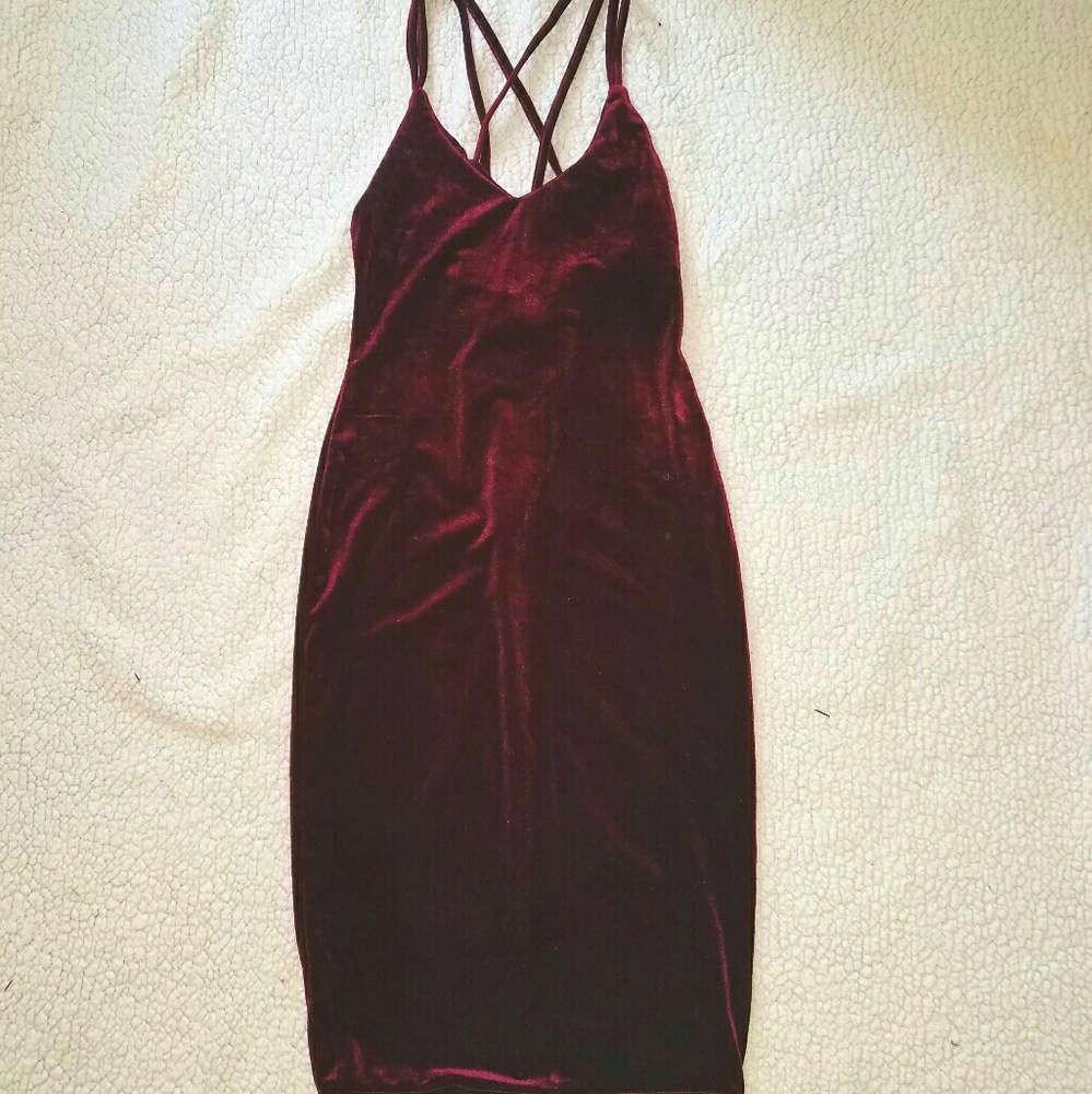 Burgandy velveteen bodycon dress with straps
