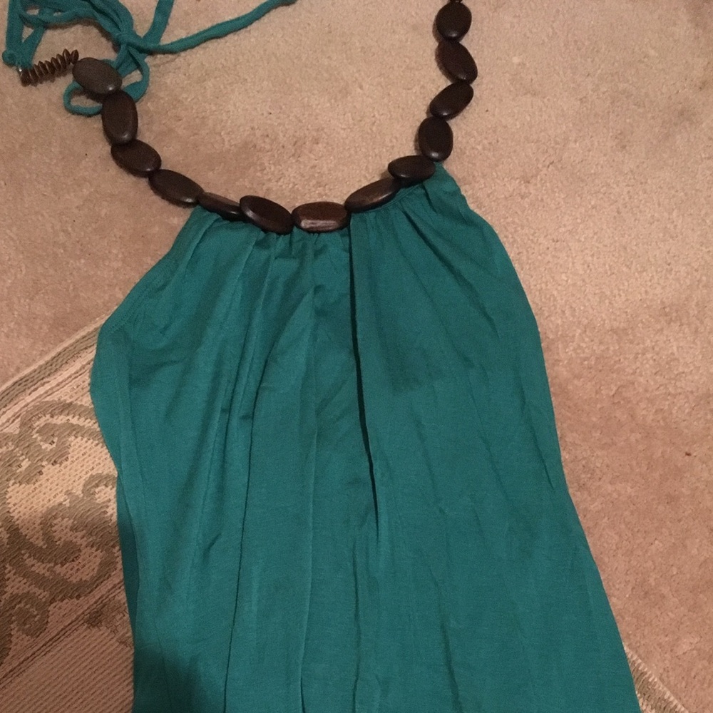 L8ter Beaded Teal Green Halter Summer Top Medium