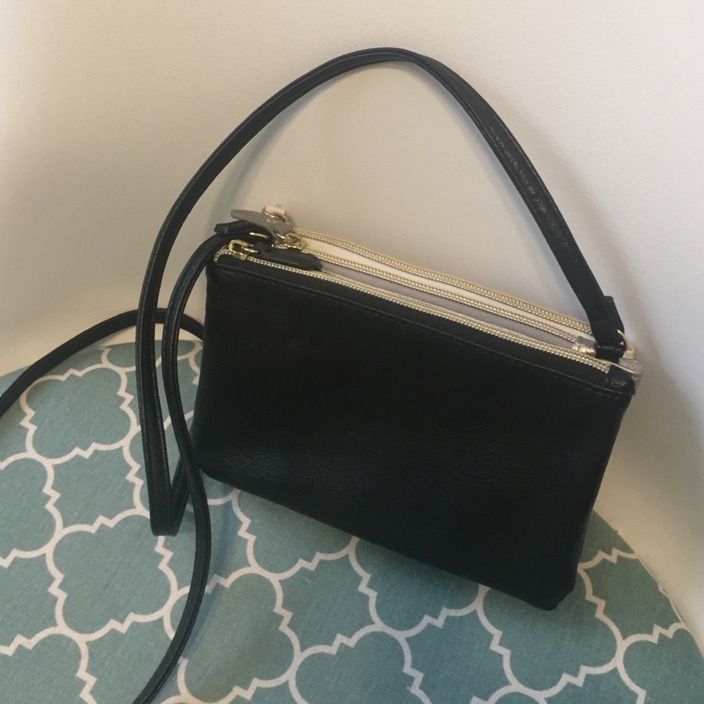 3 compartment cross body bag. Black silver & white