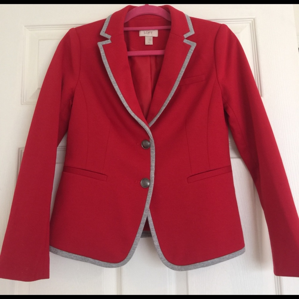 LOFT red blazer with gray piping detail lined