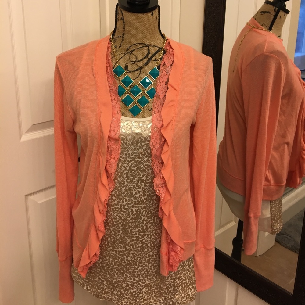 Juniors large coral cardigan with ruffle front