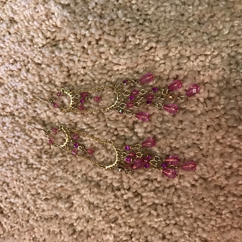 Long gold and pink earrings