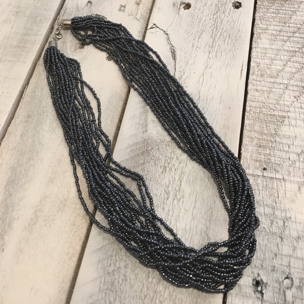 Multilayer gunmetal bluish grey bead necklace