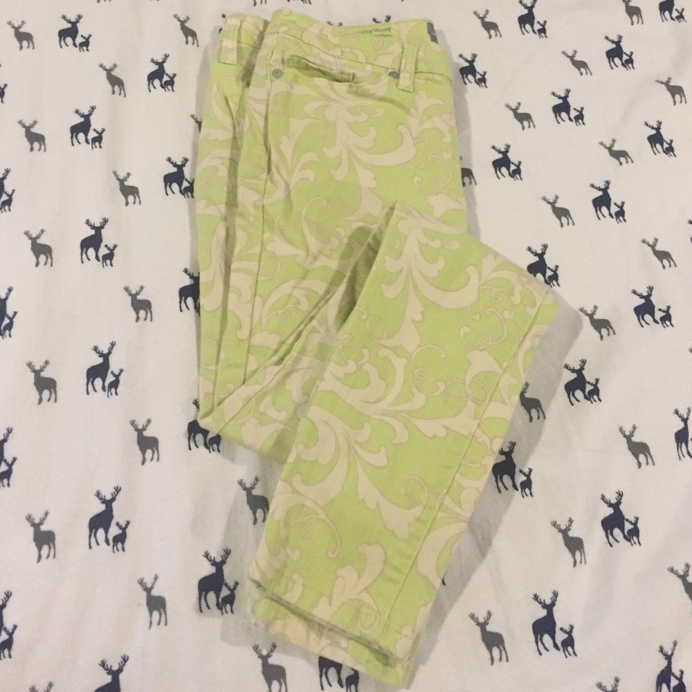 skinny jeans. Citrusy green with ivory scroll