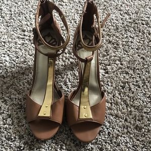 Tan and gold strappy heels