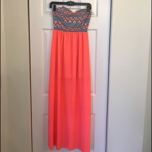 Tribal Print Sweetheart Strapless Coral Maxi