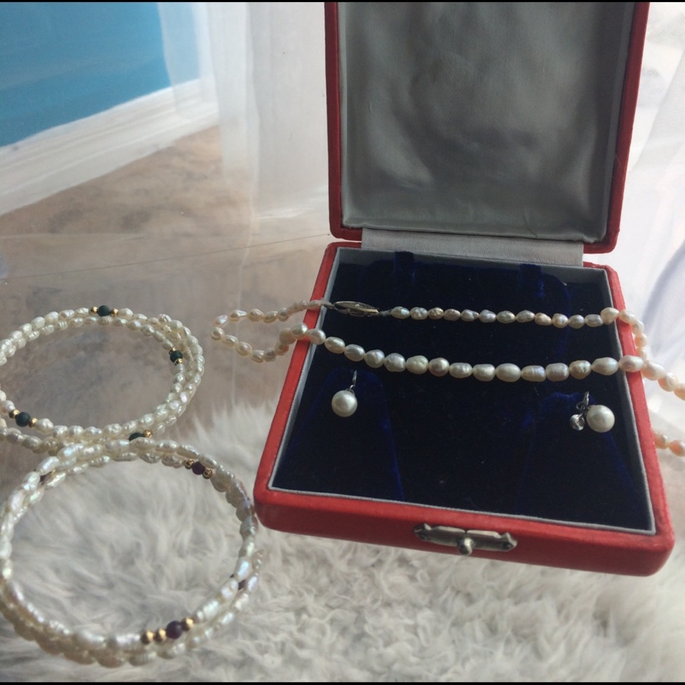 Vintage Soviet Pearl necklace, earrings, bracelets