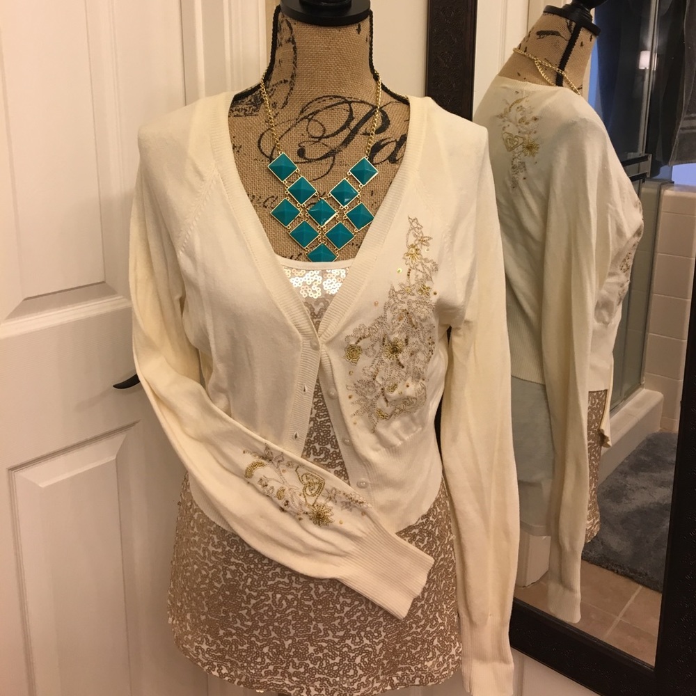 Cream Roxy crop cardigan with embroidery XL