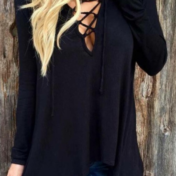 Sexy, Deep V Plunge, Lace Up, Hooded Tunic Top - Picture 3 of 8