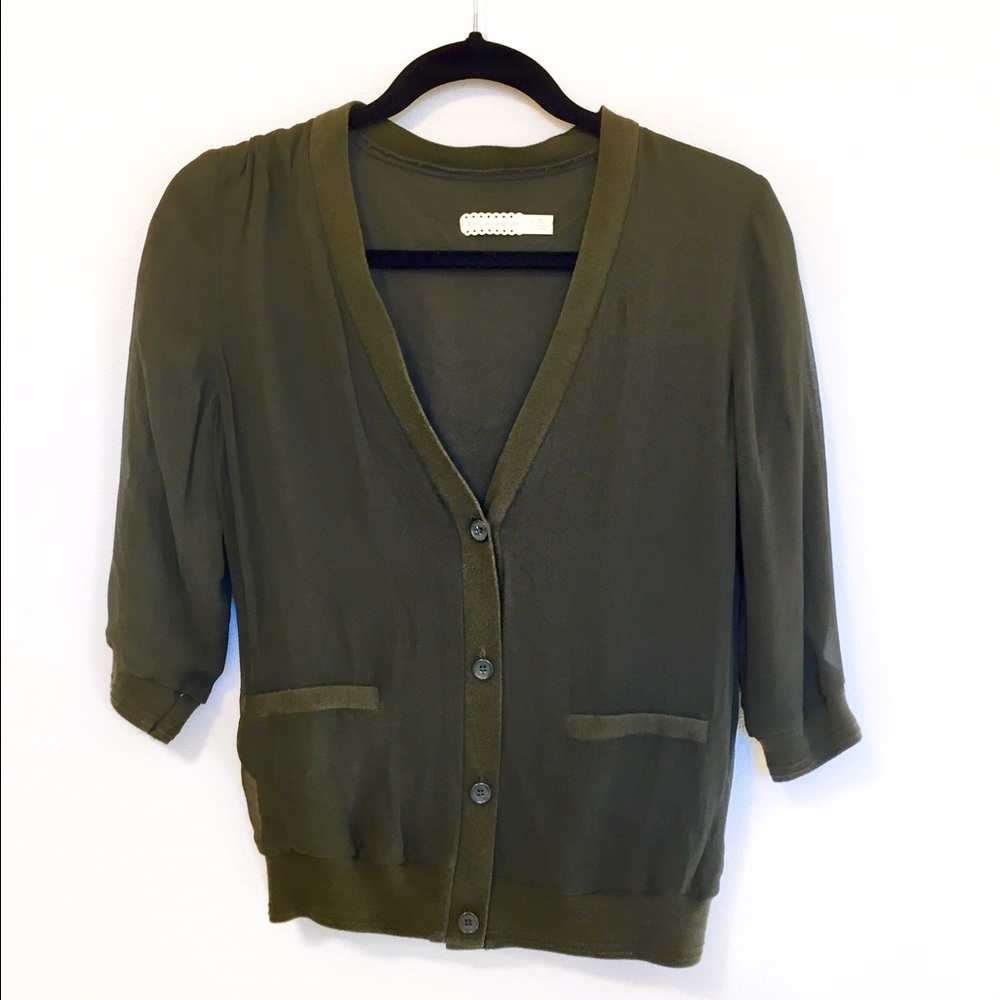 Anthropologie olive green silk cardigan