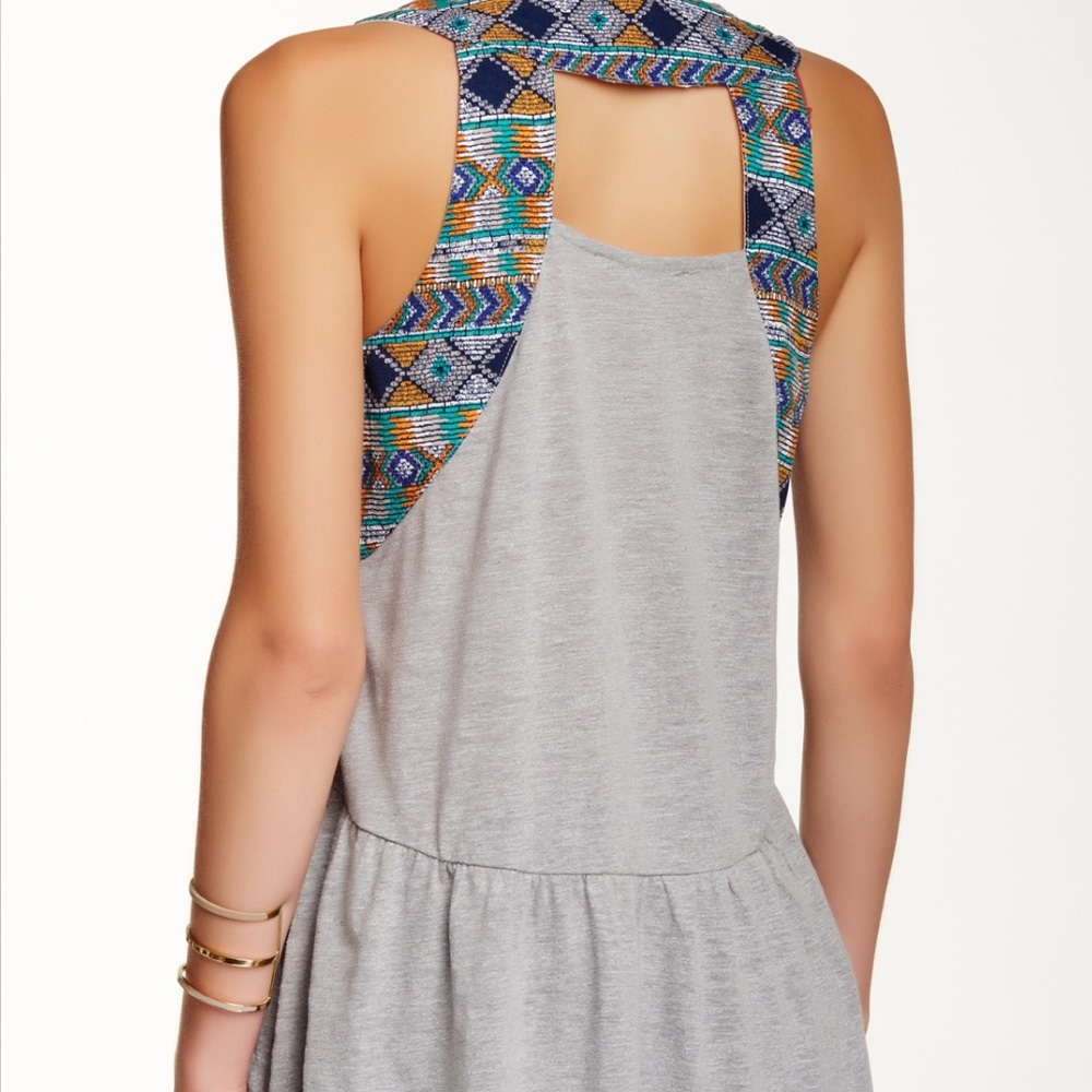 Miss Me Grey Hi-Lo Ruffle Tank w Navy Aztec Detail - Picture 3 of 4