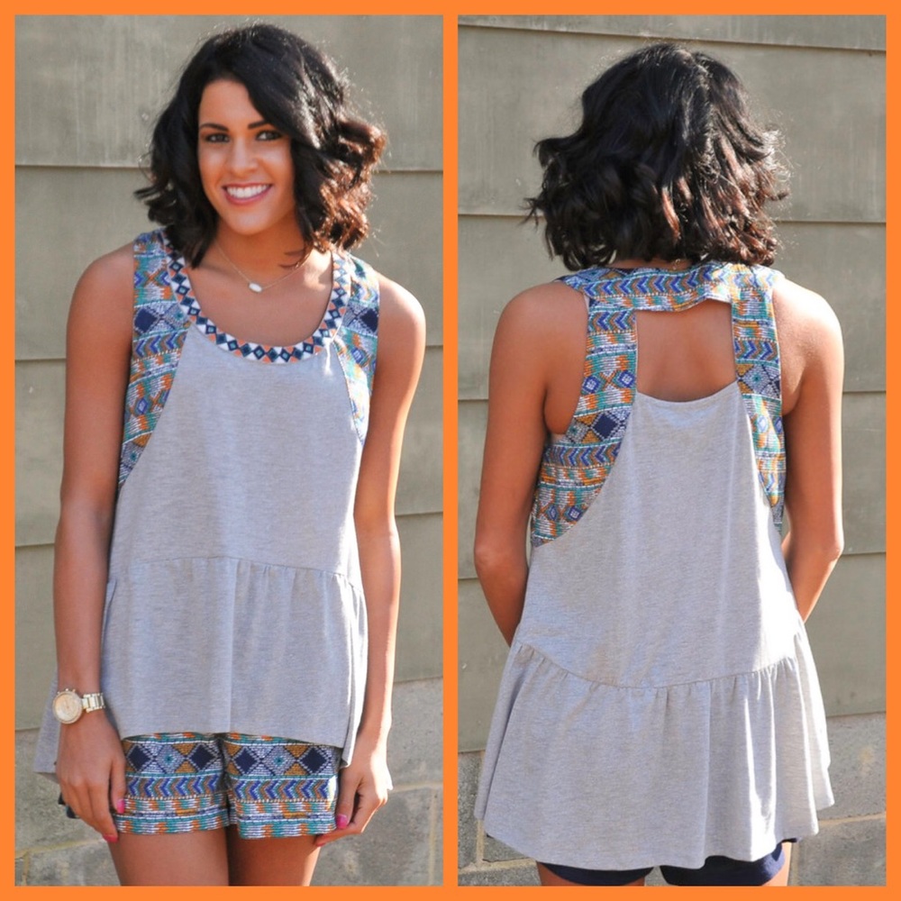 Miss Me Grey Hi-Lo Ruffle Tank w Navy Aztec Detail